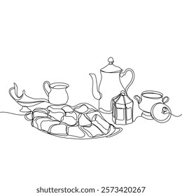 Lantern, teapot, cup and fast breaking dish for iftar with ramadan kareem in one single continuous line drawing style. Ramadan kareem concept.