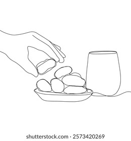 Lantern, teapot, cup and fast breaking dish for iftar with ramadan kareem in one single continuous line drawing style. Ramadan kareem concept.