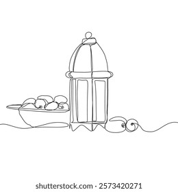 Lantern, teapot, cup and fast breaking dish for iftar with ramadan kareem in one single continuous line drawing style. Ramadan kareem concept.