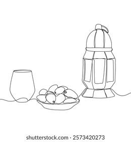 Lantern, teapot, cup and fast breaking dish for iftar with ramadan kareem in one single continuous line drawing style. Ramadan kareem concept.