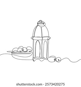 Lantern, teapot, cup and fast breaking dish for iftar with ramadan kareem in one single continuous line drawing style. Ramadan kareem concept.