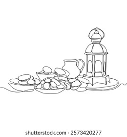 Lantern, teapot, cup and fast breaking dish for iftar with ramadan kareem in one single continuous line drawing style. Ramadan kareem concept.