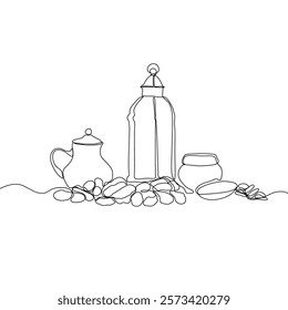 Lantern, teapot, cup and fast breaking dish for iftar with ramadan kareem in one single continuous line drawing style. Ramadan kareem concept.