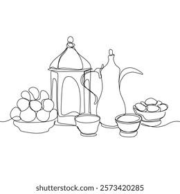 Lantern, teapot, cup and fast breaking dish for iftar with ramadan kareem in one single continuous line drawing style. Ramadan kareem concept.