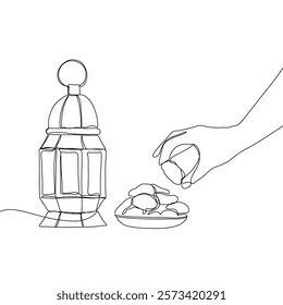 Lantern, teapot, cup and fast breaking dish for iftar with ramadan kareem in one single continuous line drawing style. Ramadan kareem concept.