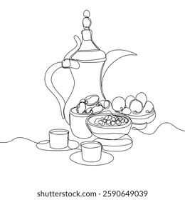 Lantern, teapot, cup and fast breaking dish for iftar with ramadan kareem in one single continuous line drawing style. Ramadan kareem and Eid Mubarak concept.