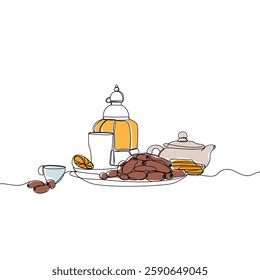 Lantern, teapot, cup and fast breaking dish for iftar with ramadan kareem in one single continuous line drawing style. Ramadan kareem and Eid Mubarak concept.