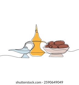 Lantern, teapot, cup and fast breaking dish for iftar with ramadan kareem in one single continuous line drawing style. Ramadan kareem and Eid Mubarak concept.