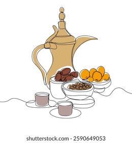Lantern, teapot, cup and fast breaking dish for iftar with ramadan kareem in one single continuous line drawing style. Ramadan kareem and Eid Mubarak concept.