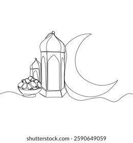 Lantern, teapot, cup and fast breaking dish for iftar with ramadan kareem in one single continuous line drawing style. Ramadan kareem and Eid Mubarak concept.