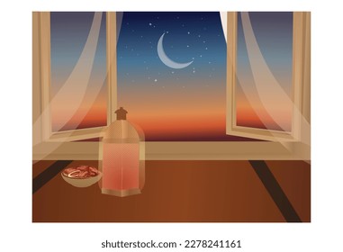 Lantern that have moon symbol on top and small plate of dates fruit with night sky and city bokeh light background for the Muslim feast of the holy month of Ramadan Kareem.3d