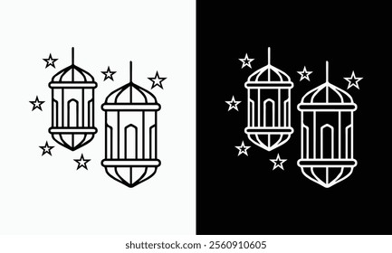 Lantern Thin Line Ramadan Icon with black and white background colour.