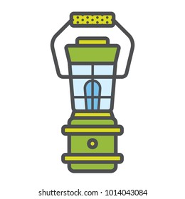 Lantern for tourism in modern flat style with outline. Attribute of traveller and tourist. Forest equipment for light. Vector illustration. Gas lamp, vintage style
