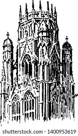 Lantern Tower at St. Ouen; Rouen, France, In Gothic architecture, frequently placed over the center of cross churches, vintage line drawing or engraving