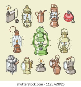 Lantern vector antique light lamp or vintage lighter or flash-light for lighting illustration lightish set of cigarette-lighter for fiery ignition isolated on background