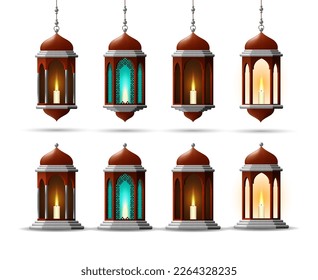 lantern Vector set. elements for Islamic holidays. collection of gold and silver realistic 3d lamp illustrations..