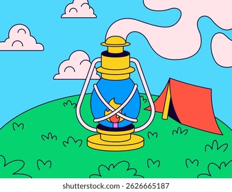 Lantern with a visible flame, set on a green hilltop. A red tent is pitched in the background cartoon vector illustration for outdoor, adventure, or children's storytelling