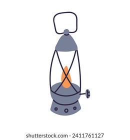 Lantern with warm light, flame inside. Lamp from metal and glass, candlelight, candle fire burning. Hanging decoration with burner. Flat vector illustration isolated on white background