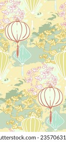 lantern yellow festive blue flowers japanese chinese traditional vector illustration card background seamless pattern colorful watercolor ink textured