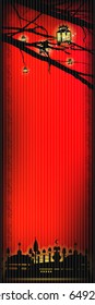 Lanterns. The branches of the tree hang down. Translation from the Arabic text: Ramadan . Religion is Islam. City of mosques with reflection in the water. Red background. moon. Vertical orientation