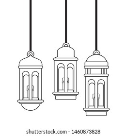 Lanterns with candles hanging cartoon vector illustration graphic design