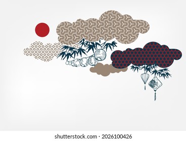 lanterns clouds traditional geometric kimono card background vector sketch illustration line art japanese chinese oriental