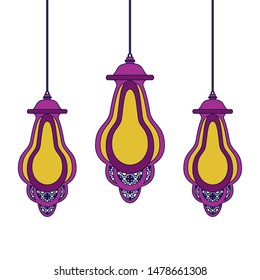 lanterns decoration festival golden and purple hanging lamps, arabic and oriental culture cartoon vector illustration graphic design