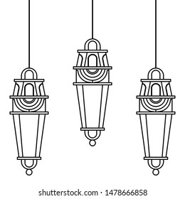 lanterns decoration festival golden and purple hanging lamps, arabic and oriental culture cartoon vector illustration graphic design