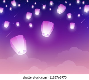 Lanterns floating at night in starry sky. Vector illustration. Traditional design elements for Chinese New Year or Mid Autumn Festival.