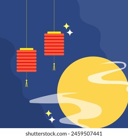Lanterns and Full Moon Illustration. Festive Night Vector. Asian Culture Design. Celestial Scene Artwork.