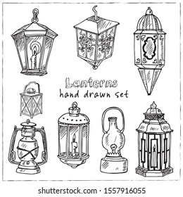 Lanterns  hand drawn doodle set. Vector illustration. Isolated elements on white background. Symbol collection.