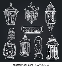 Lanterns  hand drawn doodle set. Vector illustration. Isolated elements on white background. Symbol collection.