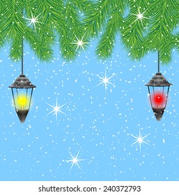 lanterns hang on the branches of tree,  vector  illustration