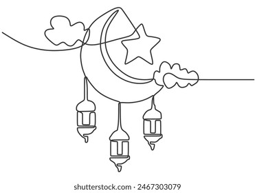 Laternen hängen am Halbmond mit Stern bei Wolke in einem durchgehenden Single Line Art Zeichenstil isoliert auf weißem Hintergrund. Ramadan Kareem Konzept Vektorillustration.