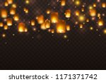 Lanterns isolated on transparent background. Diwali festival floating lamps. Vector indian paper flying lantern lights with flame at night sky.
