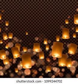 Lanterns isolated on transparent background. Happy Diwali festival decoration elements. Night sky floating indian lamps. Symbol victory of light. Vector paper flying lights for advertising design.
