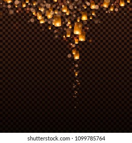 Lanterns isolated on transparent background. Happy Diwali festival decoration elements. Night sky floating indian lamps. Symbol victory of light. Vector paper flying lights for advertising design.
