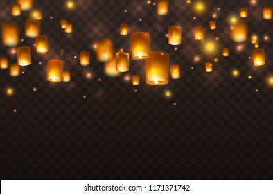 Lanterns isolated on transparent background. Diwali festival floating lamps. Vector indian paper flying lantern lights with flame at night sky.