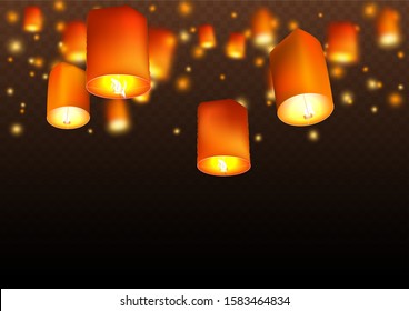 Lanterns isolated on transparent background. Happy Diwali festival decoration elements. Night sky floating indian lamps. 