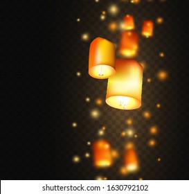 Lanterns isolated on transparent background. Happy Diwali festival decoration elements. Night sky floating indian lamps. Symbol victory of light.