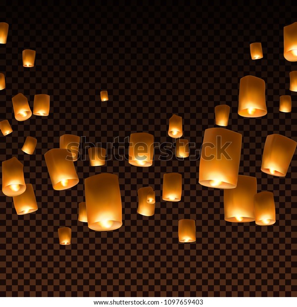 Lanterns isolated on transparent background.\
Happy Diwali festival decoration elements. Night sky floating\
indian lamps. Symbol victory of light. Vector paper flying lights\
for advertising\
design.\
