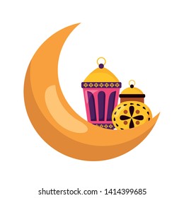 lanterns and moon ornament on white background vector illustration