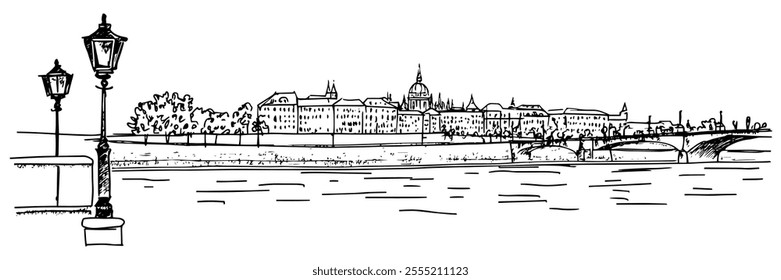 Lanterns on a bridge in Budapest, doodle hatching vector sketch, panoramic view