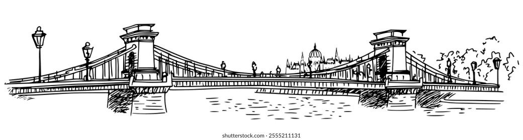 Lanterns on a bridge in Budapest, doodle hatching vector sketch, panoramic view