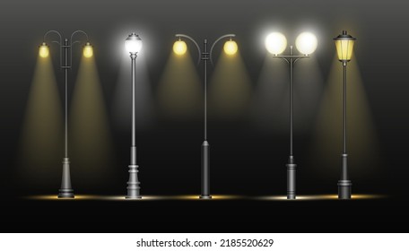 Lanterns on city street vector illustration set. Realistic classic alley lamppost collection with metal streetlights glowing with electric yellow and white lights, streetlamps on dark