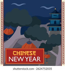 Lanterns and pagoda at night. Vector illustration