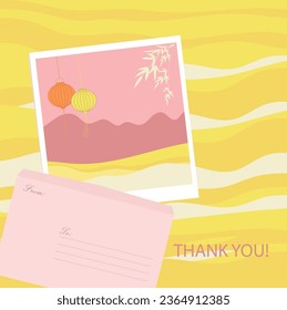 Lanterns paper and bamboo leaf. A letter thank you to someone. Asian culture. Gentle tones color. Hues of warmly.