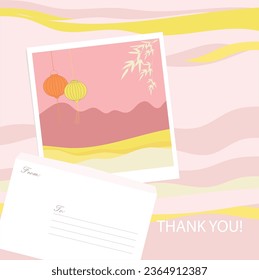 Lanterns paper and bamboo leaf. A letter thank you to someone. Asian culture. Gentle tones color. Hues of warmly.