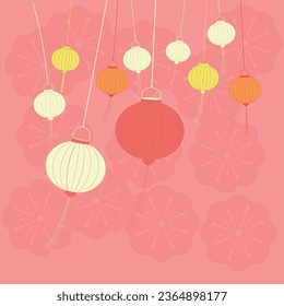 Lanterns paper and bamboo leaf. Peach blossom background. Asian culture. Gentle tones color. Hues of Autumn. Tet holiday.