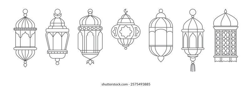 Lanterns ramadan line. Arabic traditional vintage lantern in linear style for muslim Ramadan Kareem holiday. Islamic design elements. Vector retro lamps isolated set.